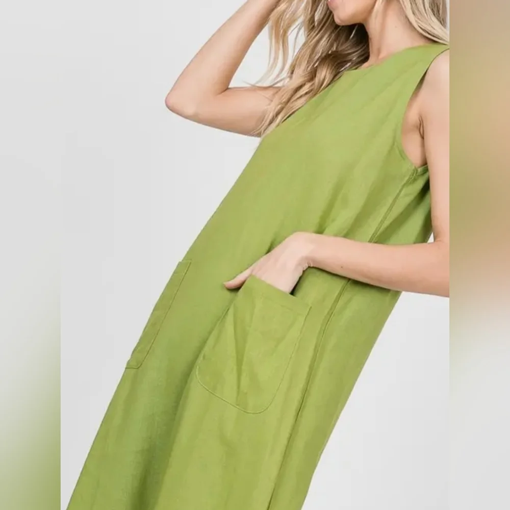 #36 SALE 🛑28 S,M,L FINAL PRICE Linen Blend Front Pockets Sleeveless Midi Dress - Picture 2 of 14